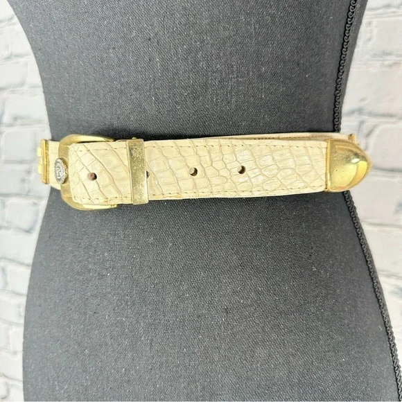 Vintage El General Genuine Caiman Skin Belt Cream Gold Metal Lion Western 40